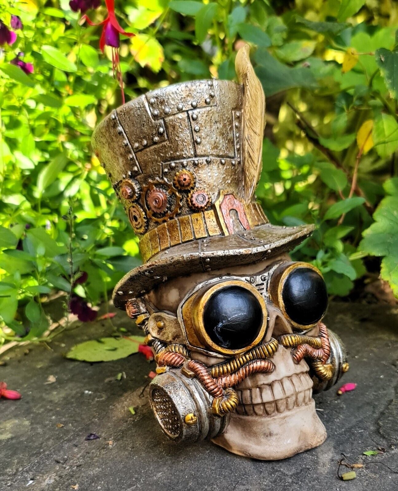 Punk Time Traveler Skull: A Spooktacular Garden Guardian in Top Hat