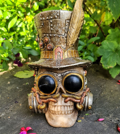 Punk Time Traveler Skull: A Spooktacular Garden Guardian in Top Hat