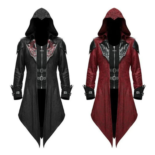 Medieval Gothic Tuxedo Trench Coat with Folding Collar, Retro Patchwork Jacket, PU Leather Hooded Coat, Punk Assassin Costume