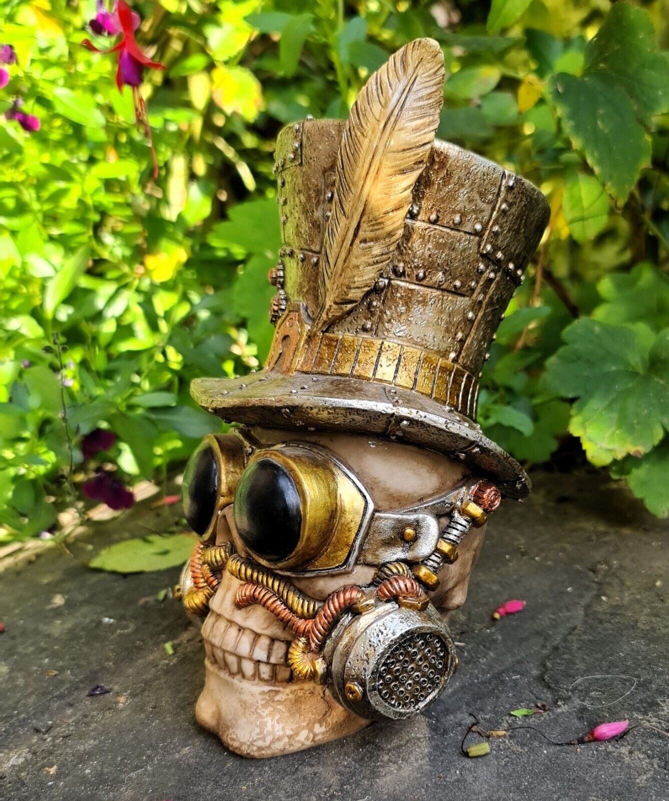 Punk Time Traveler Skull: A Spooktacular Garden Guardian in Top Hat